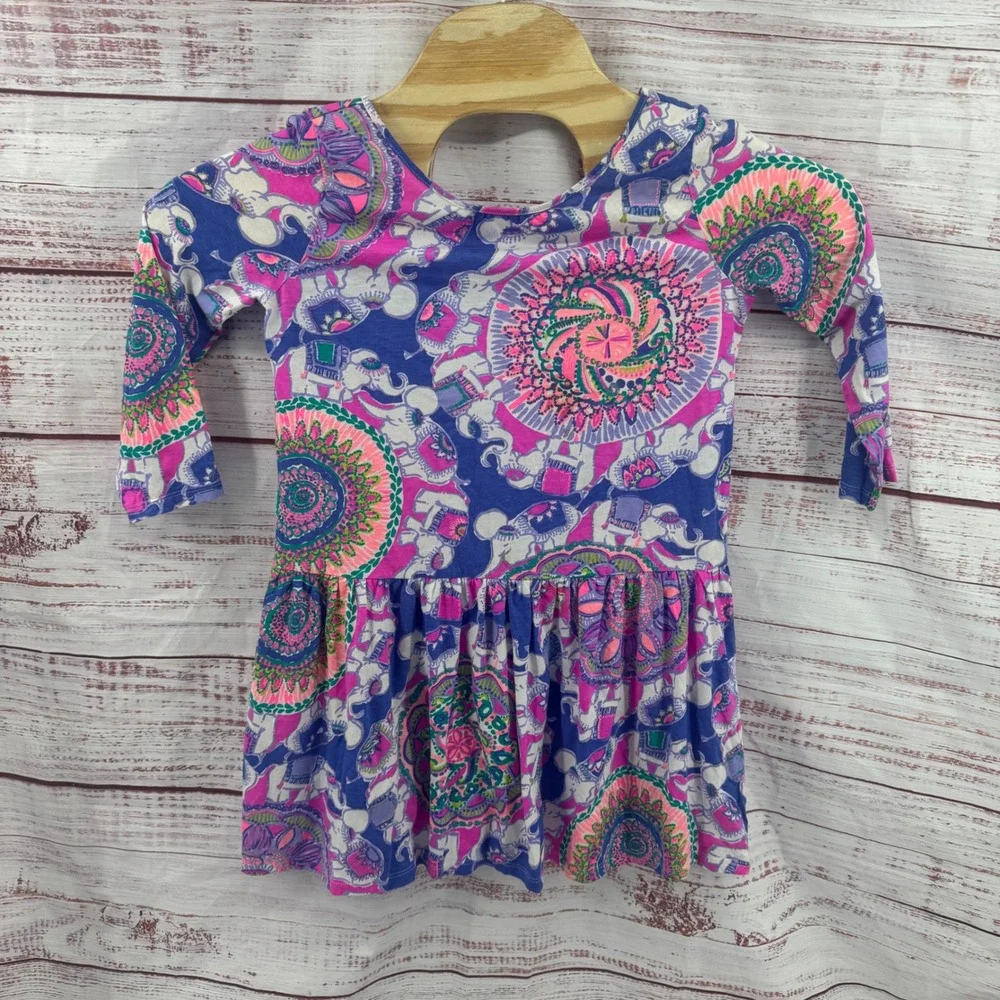 Lilly Pulitzer Dress Girls XL 12-14 Blue Pink Elephant Mandala Cotton Knit Dress